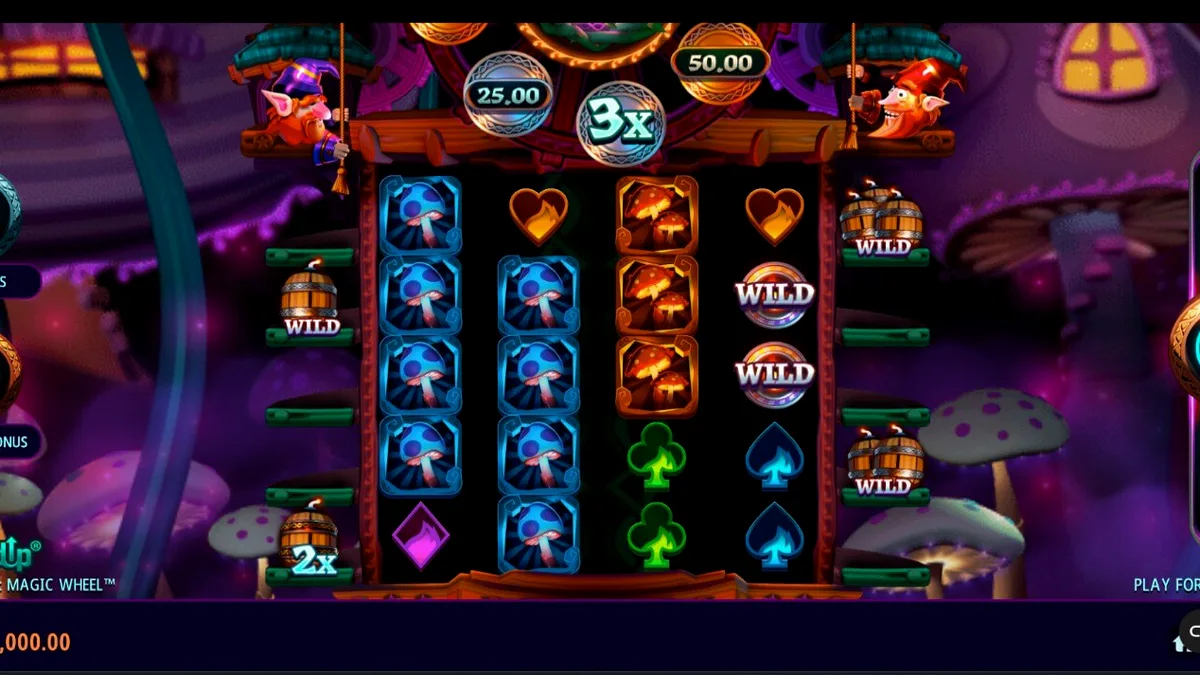 Tampilan visual slot Fire Gnomes 2 Magic Wheel dengan tema jamur dan gnome.